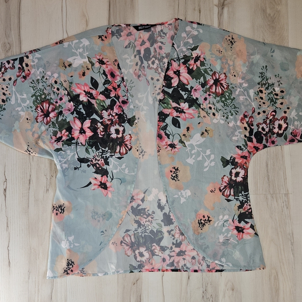 Feitong Floral Chiffon Kimono Cardigan Boho Beach Cover Up Mint Size Small - Picture 2 of 9